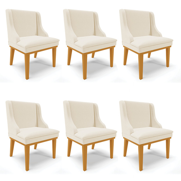 Kit 06 Cadeiras De Jantar Liz Linho Bege A19 Base Fixa Madeir