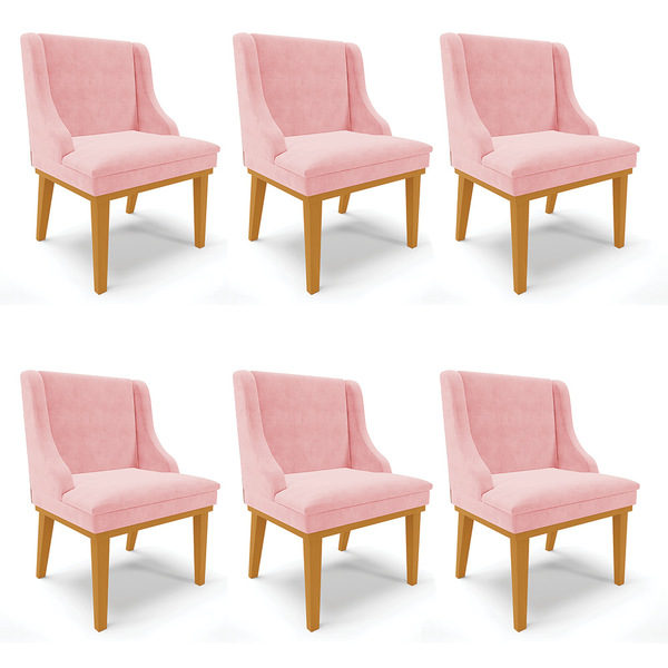 Kit 06 Cadeiras De Jantar Liz Suede Base Fixa Madeira Castanh