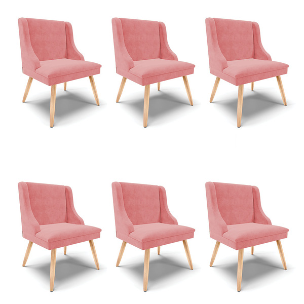 Kit 06 Cadeiras De Jantar Liz Suede Rosê Pés Palito Natural D