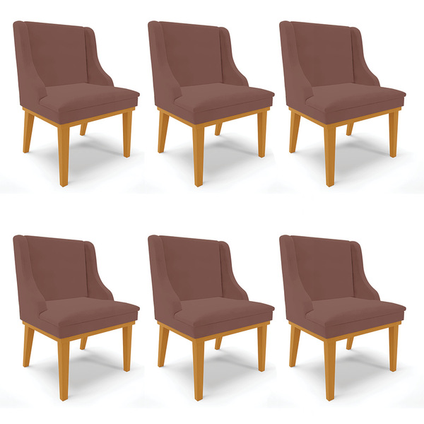 Kit 06 Cadeiras De Jantar Liz Veludo Rosê Base Fixa Madeira C