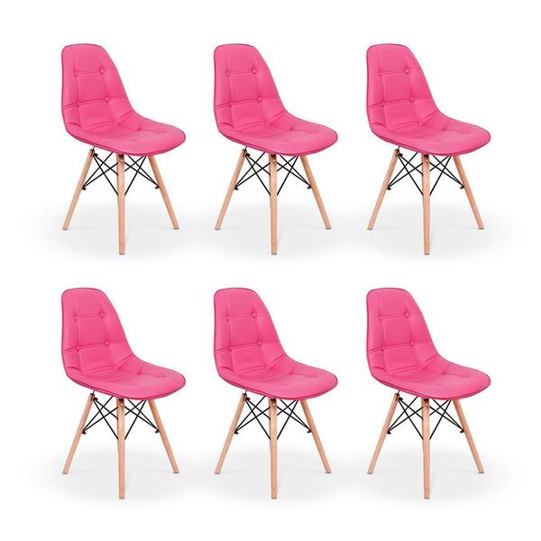 Kit 06 Cadeiras Dkr Charles Eames Wood Estofada Botonê -  Rosa