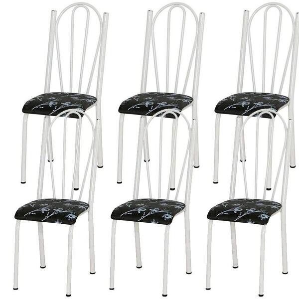 Kit 06 Cadeiras Tubular Branca 021 Assento Preto Florido