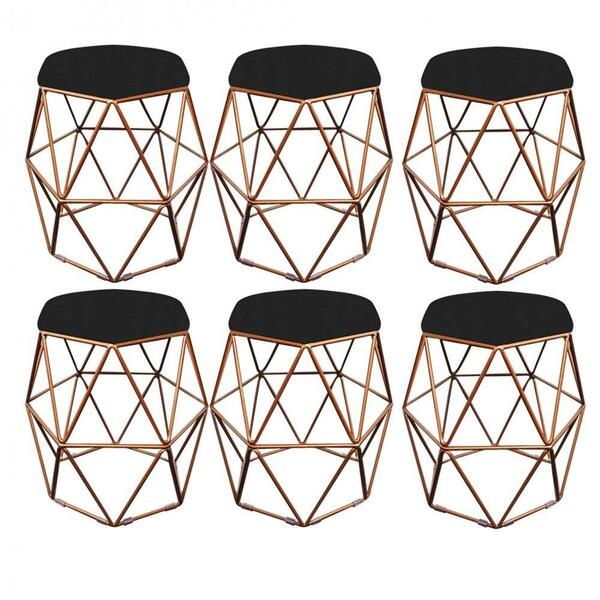 Kit 06 Puff Banqueta Aramado Luna Hexágono Base Bronze Suede