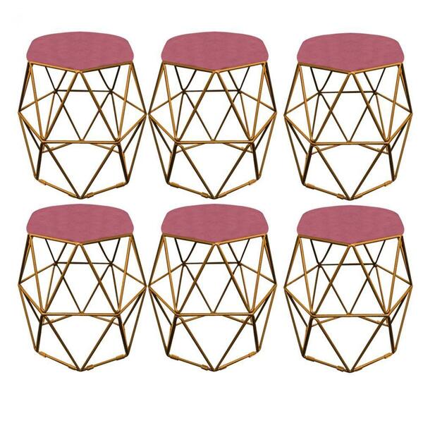 Kit 06 Puff Banqueta Aramado Luna Hexágono Base Dourado Suede