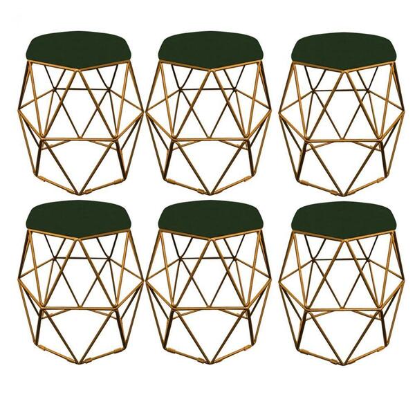 Kit 06 Puff Banqueta Aramado Luna Hexágono Base Dourado Suede