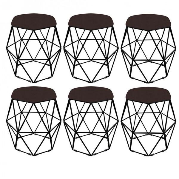 Kit 06 Puff Banqueta Aramado Luna Hexágono Base Preto Suede M