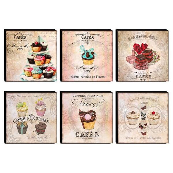 Kit 06 Quadros Cozinha Vintage Café Cupcake Canvas 30x30cm-co