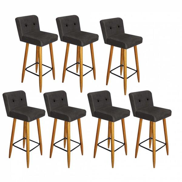 Kit 07 Banqueta Alta Lana Botão Preto Suede Cinza