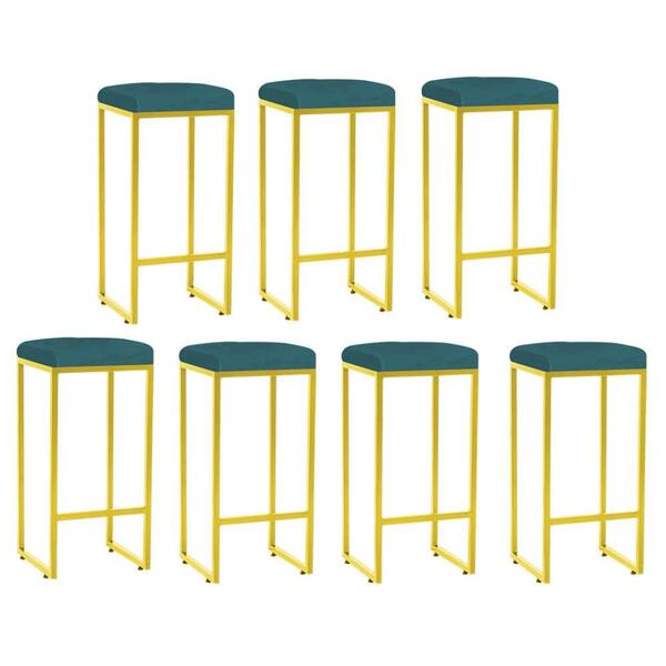 Kit 07 Banqueta Alta Lara Ferro Dourado Azul Turquesa