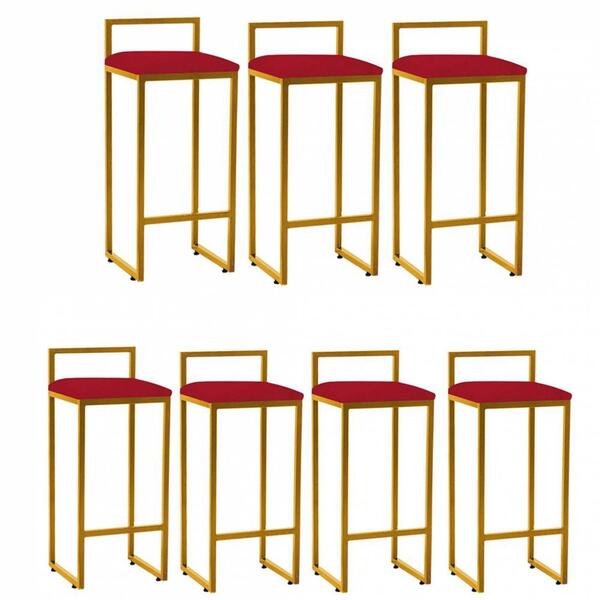 Kit 07 Banqueta Alta Lina Dourado Corino Vermelho