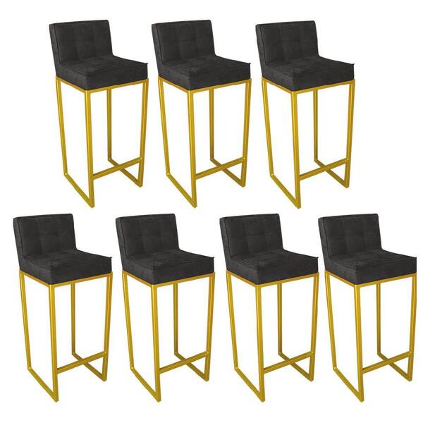 Kit 07 Banqueta Alta Linne Dourado Corino Cinza