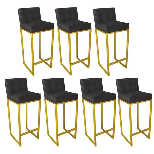 Kit 07 Banqueta Alta Linne Dourado Suede Cinza