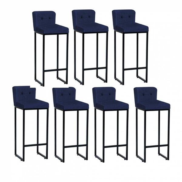 Kit 07 Banqueta Alta Lucca Preto Botão Azul Marinho