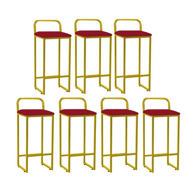 Kit 07 Banqueta Alta Luffi Com Encosto Dourado Vermelho
