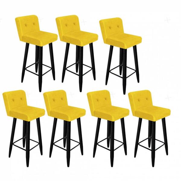 Kit 07 Banqueta Alta Preto Botão Suede Amarelo