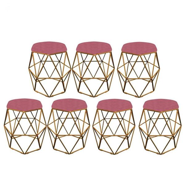 Kit 07 Puff Banqueta Aramado Luna Hexágono Base Dourado Suede