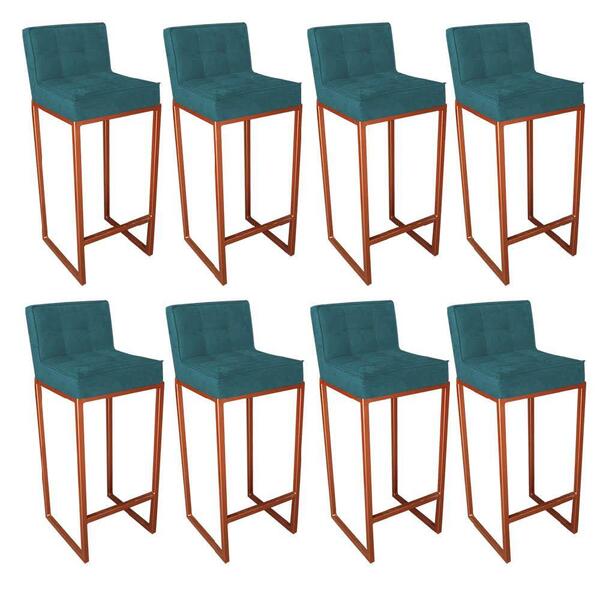 Kit 08 Banqueta Alta Linne Bronze Suede Azul Turquesa