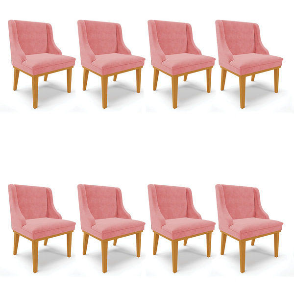 Kit 08 Cadeiras De Jantar Liz Suede Rosê Base Fixa Madeira Ca