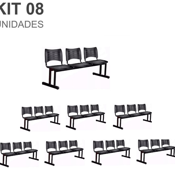 Kit 08 Cadeiras Longarinas Plásticas 03 Lugares – Cor Preta –