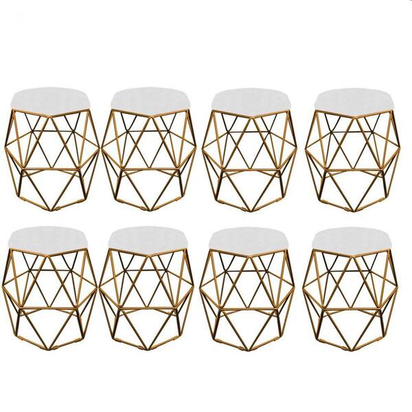 Kit 08 Puff Banqueta Aramado Luna Hexágono Base Dourado Corin