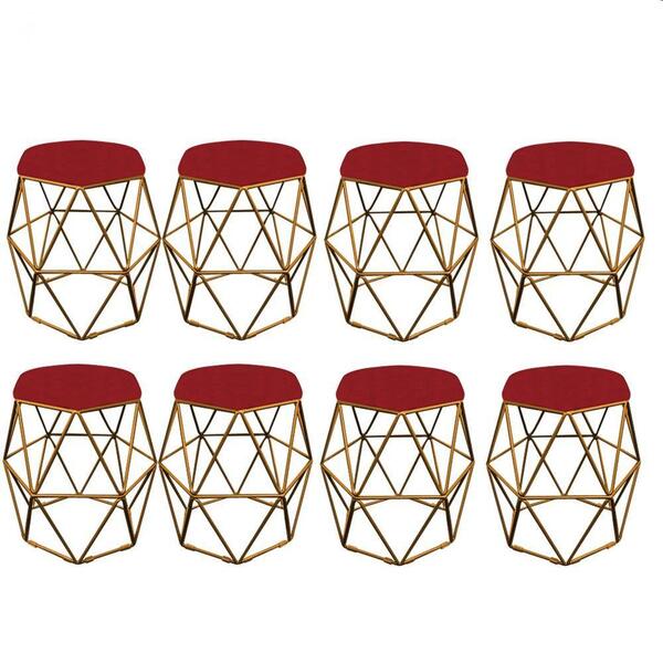 Kit 08 Puff Banqueta Aramado Luna Hexágono Base Dourado Suede