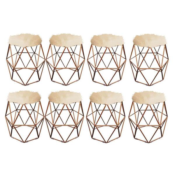 Kit 08 Puff Banqueta Luna Aramado Hexágono Bronze Pelúcia Bege