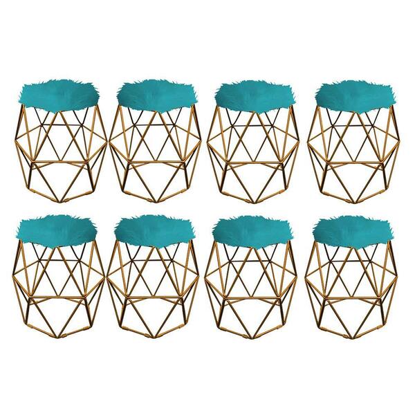 Kit 08 Puff Banqueta Luna Aramado Hexágono Dourado Pelúcia Az