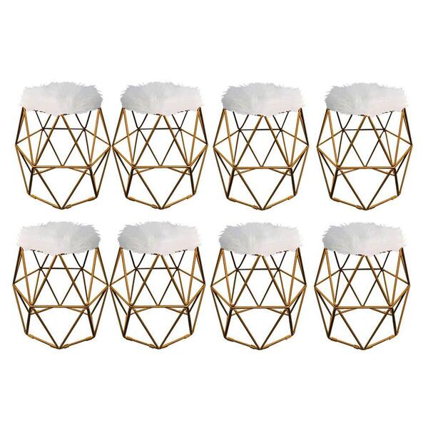 Kit 08 Puff Banqueta Luna Aramado Hexágono Dourado Pelúcia Br