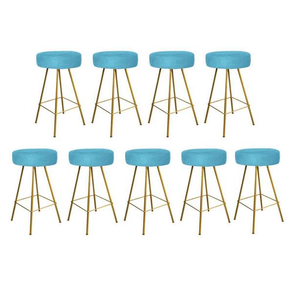 Kit 09 Banqueta Alta Laisa Dourado Suede Azul Turquesa