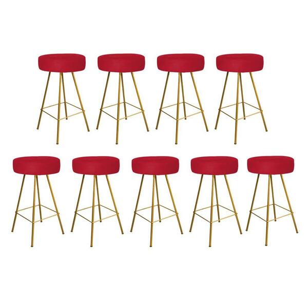 Kit 09 Banqueta Alta Laisa Dourado Suede Vermelho