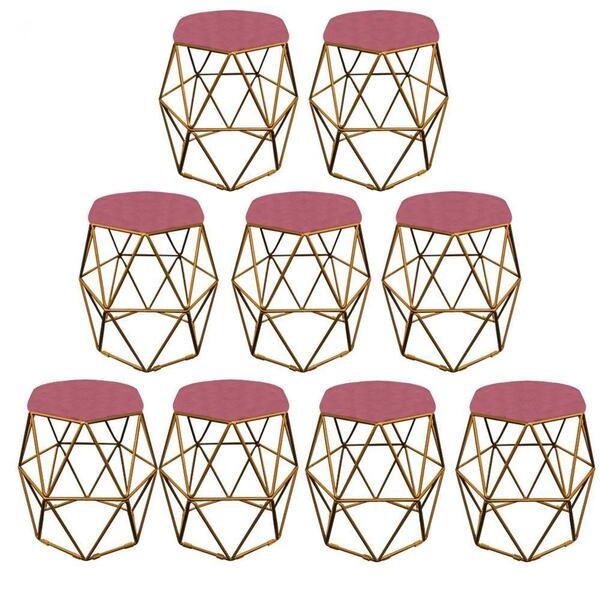 Kit 09 Puff Banqueta Aramado Luna Hexágono Base Dourado Suede