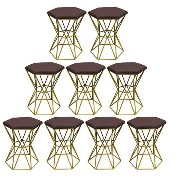Kit 09 Puff Banqueta Louis Industrial Hexágono Ferro Dourado