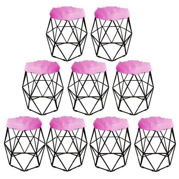 Kit 09 Puff Banqueta Luna Aramado Hexágono Preto Pelúcia Pink