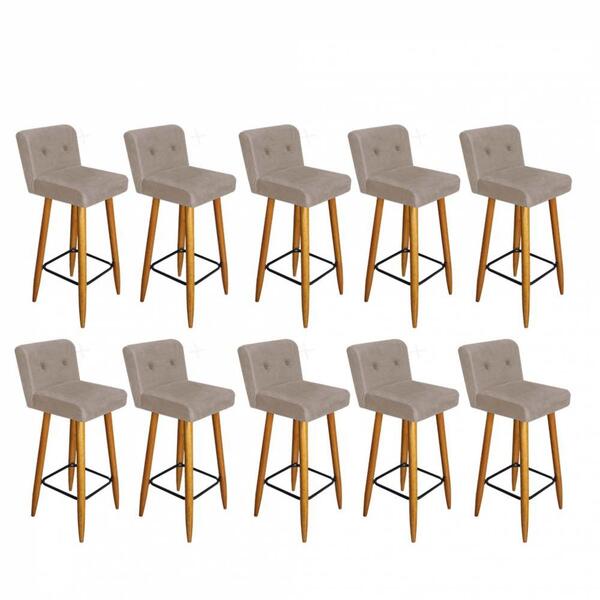 Kit 10 Banqueta Alta Castanho Botão Bege