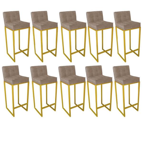 Kit 10 Banqueta Alta Linne Dourado Suede Bege