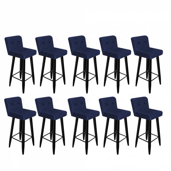 Kit 10 Banqueta Alta Preto Botão Azul Marinho