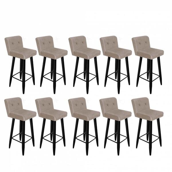 Kit 10 Banqueta Alta Preto Botão Bege
