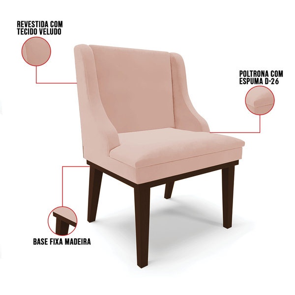 Kit 10 Cadeiras De Jantar Liz Veludo Rosê Base Fixa Madeira P