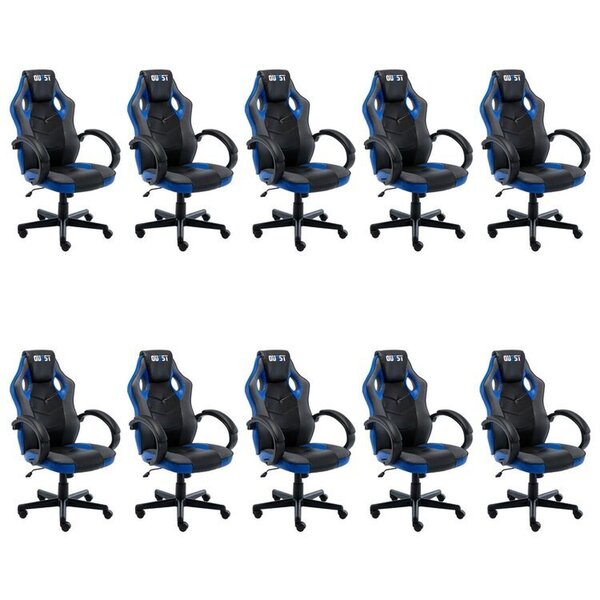 Kit 10 Cadeiras Gamer Giratória Regulavel Quest Preto/azul