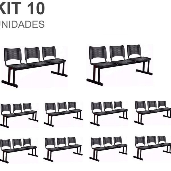 Kit 10 Cadeiras Longarinas Plásticas 03 Lugares – Cor Preta –
