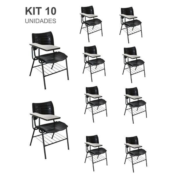 Kit 10 Cadeiras Universitárias Preta Com Porta Livros - Mastc
