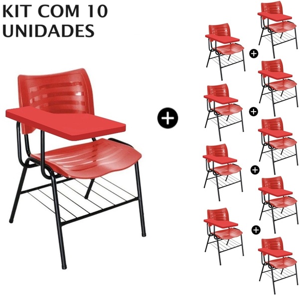 Kit 10 Cadeiras Universitárias Vermelho Com Porta Livros Pran