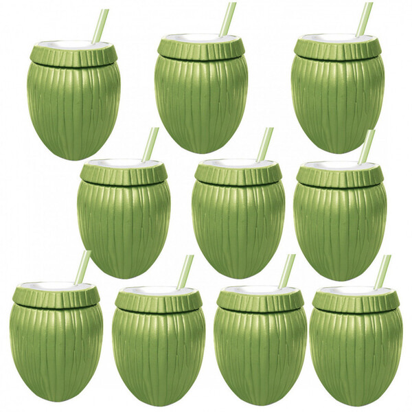 Kit 10 Copos Formato De Coco Verde Com Canudo 800 Ml Injetemp