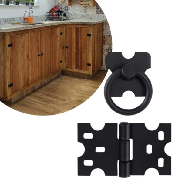 Kit 10 Dobradiças Mexicana + 10 Puxadores Rustico Argola Preto