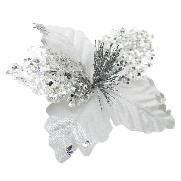 Kit 10 Flor De Natal Prata Artificial Com Brilho 19cm