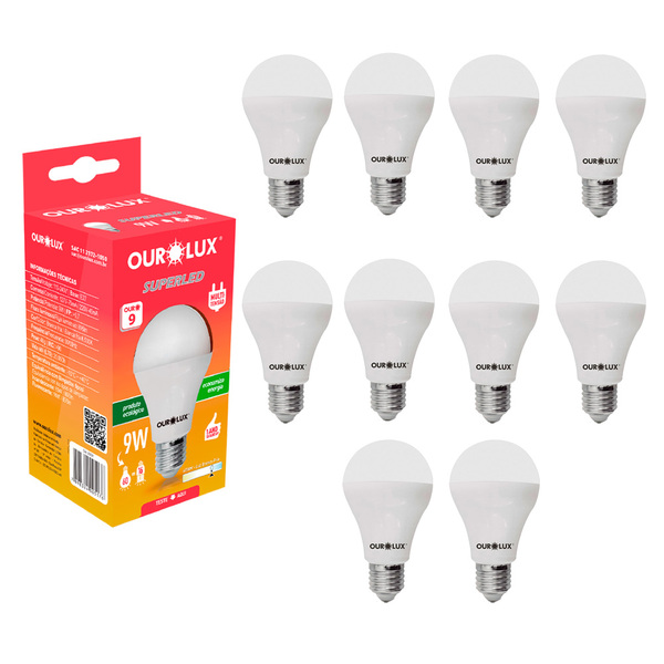 Kit 10 Lâmpada Led Bulbo 9w Branco Frio (6500k) - Ourolux