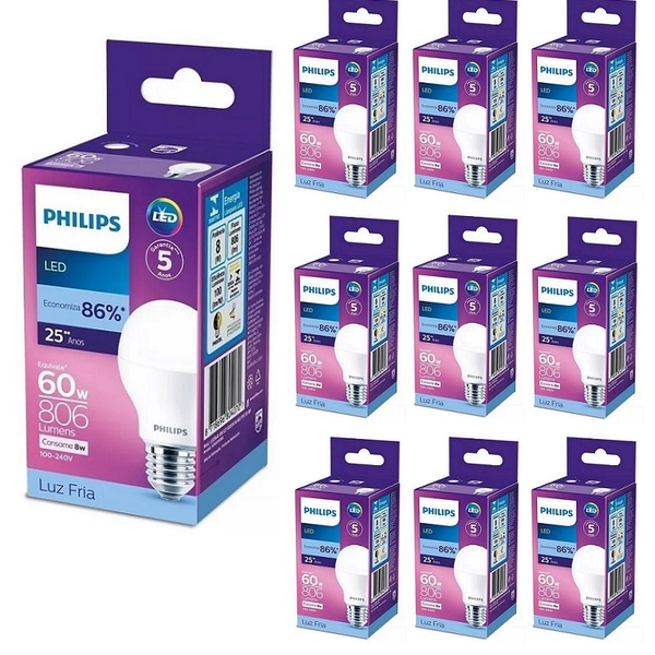 Kit 10 Lâmpadas Led Bulbo 8w E27 6500k Branca Fria Philips