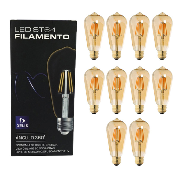 Kit 10 Lâmpadas Led Filamento St64 4w 2200k Retrô Vintage Del