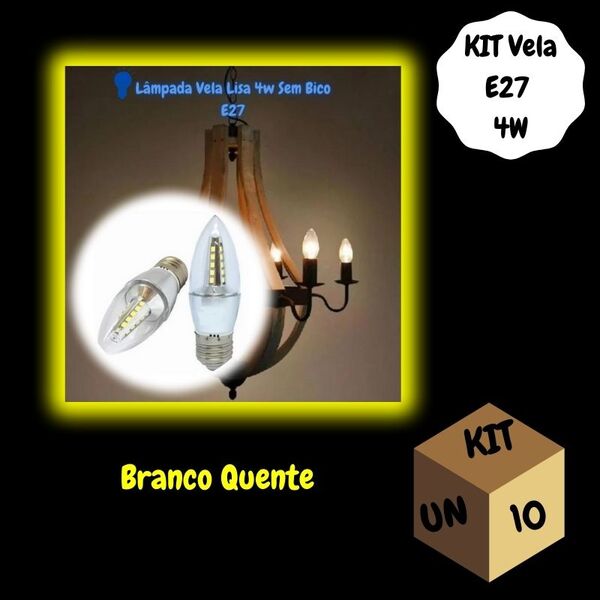 Kit 10 Lâmpadas Vela Lisa 4w E27 Branco Quente (3000k)