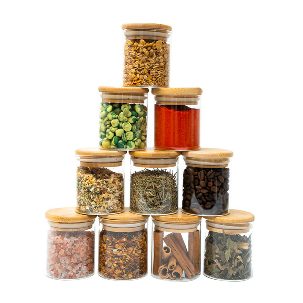 Kit 10 Potes De Vidro 200ml Tampa De Bambu Herméticos Redondo